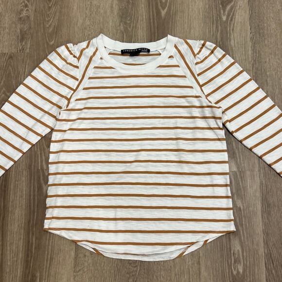 Veronica Beard Mason Stripe Puff Sleeve Baseball Tee White Caramel Size M - Picture 4 of 16